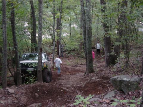1991 Ford Bronco - A 1991 Ford Bronco navigates a wooded trail, its off-road capabilities.