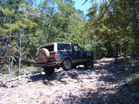 1988 Ford Bronco - This SUV, likely a 1987-1991 Ford Bronco, navigates a challenging rocky path through a wooded area.