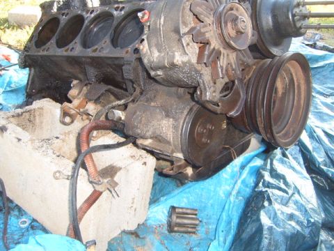 1988 Ford Bronco - Engine block and alternator assembly resting on a blue tarp.