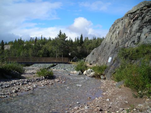 2003 Jeep TJ - A scenic view of a bridge over a stream, surrounded by trees and a rocky cliff face.