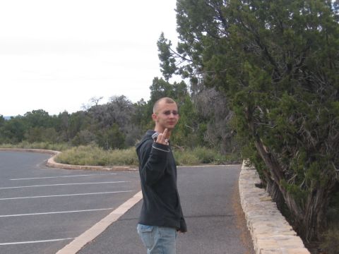 1995 Ford Probe - A man stands on a paved road, giving the middle finger to the camera, with trees and a cloudy sky in the background.
