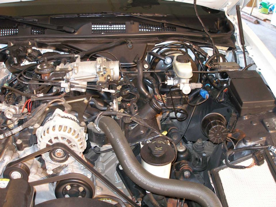 Engine bay with airbox removed showing throttle body, alternator and master cylinder