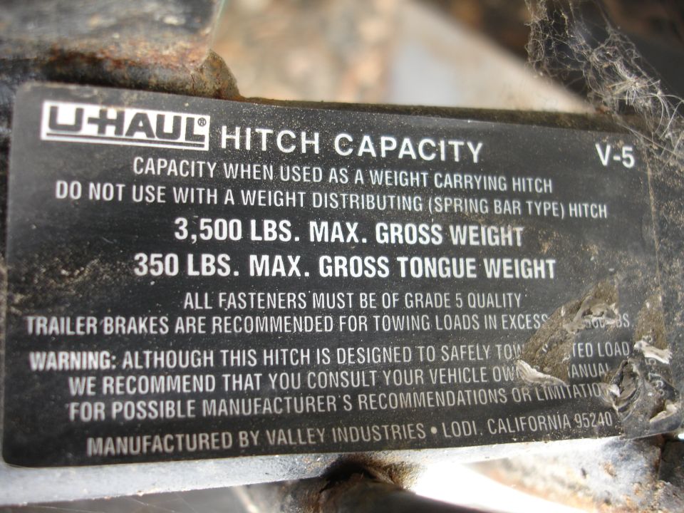 U-Haul hitch capacity plate with 3,500 lbs max gross weight and 350 lbs max tongue weight