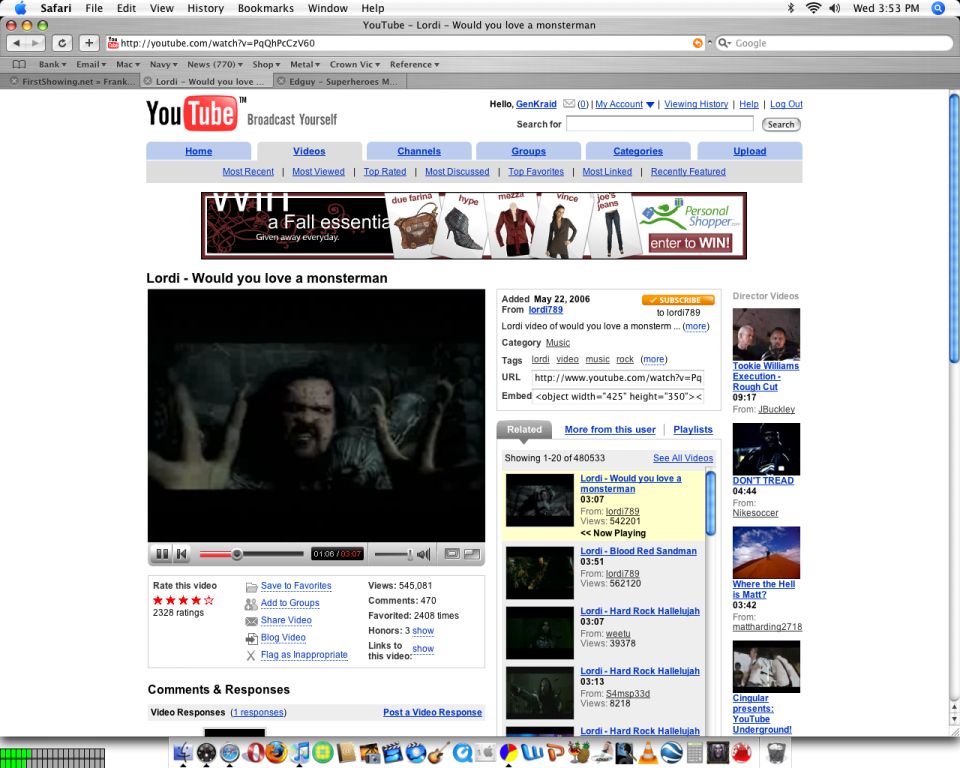 YouTube video page showing a music video titled 'Lordi - Would you love a monsterman'
