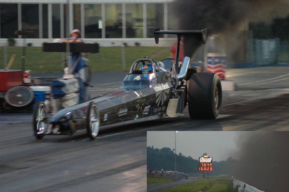 Diesel dragster launching in black smoke, with scoreboard inset showing 7.642 at 168.28 mph