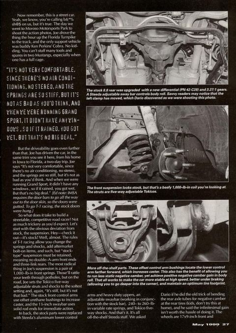1995 Ford Mustang - The article details aftermarket upgrades to a car's suspension and drivetrain, focusing on performance enhancements.