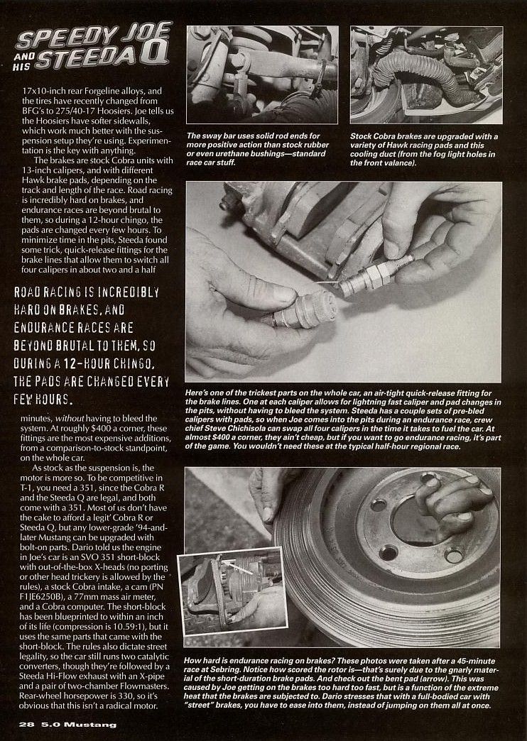 Close-up of a Ford Mustang brake rotor and caliper assembly with hands adjusting fittings