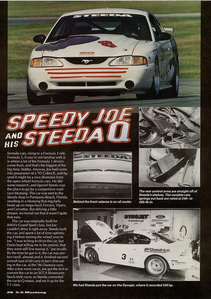 White 1995 Ford Mustang race car with red and blue graphics, SCCA badge, and racing slicks