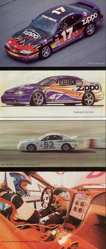 1995 Ford Mustang - Multiple race cars are shown, including a rendering and a view from inside a cockpit.