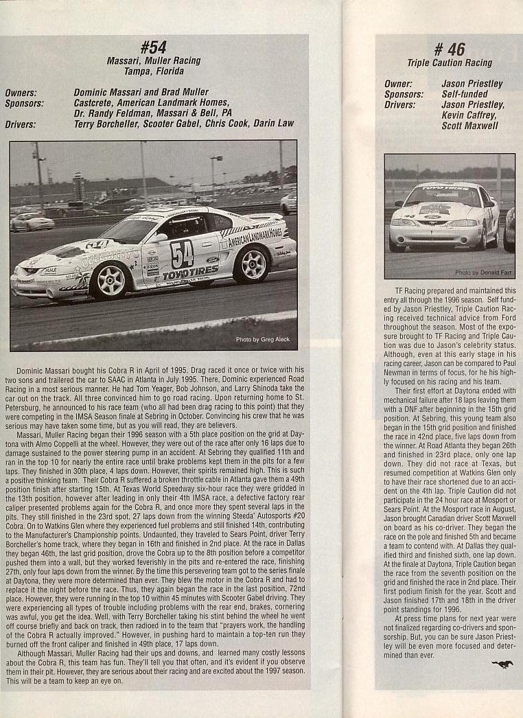 White 1995 Ford Mustang Cobra R race car with racing decals and #54 on the door, viewed from the front three-quarter angle on a racetrack