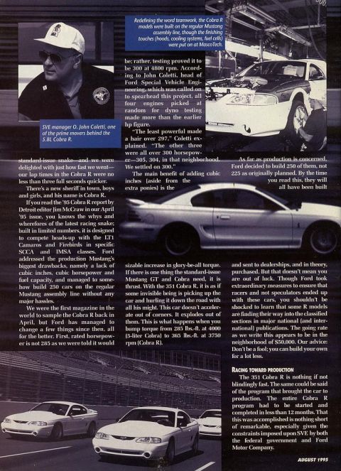 1995 Ford Mustang - Three 1995 Ford Mustang Cobra R models are shown on a race track, highlighting their performance capabilities.