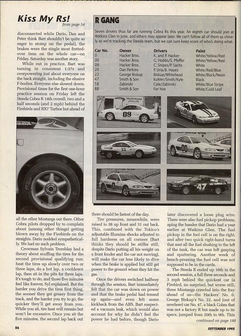 Six Ford Mustang Cobra R race cars lined up, some with racing numbers