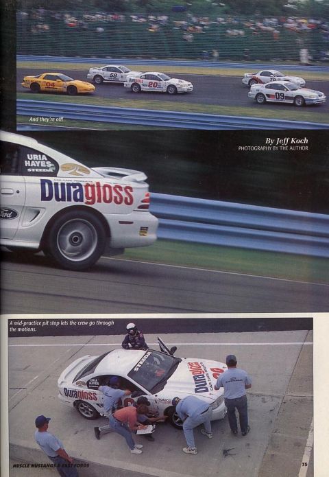 1995 Ford Mustang - Race cars compete on track and undergo a pit stop. The car in the pit stop is a 1995 Ford Mustang.