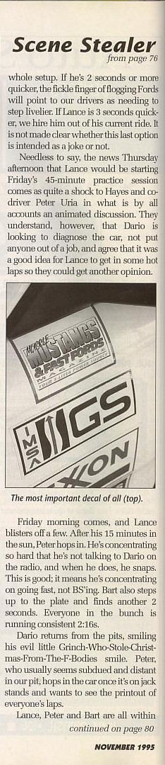 1995 Ford Mustang - Decals for racing teams are shown, including "The Mustangs & First Fords" and "IMSA GS".