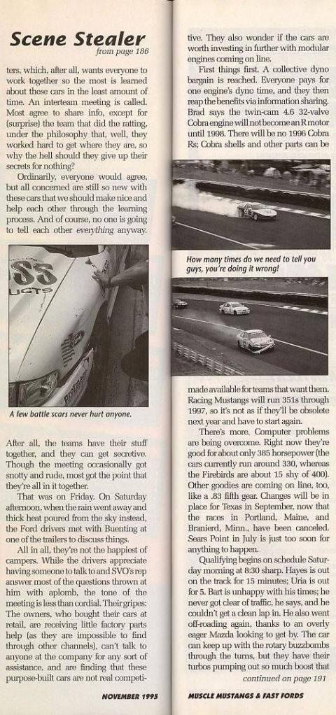 1995 Ford Mustang - Multiple race cars are shown competing on a track, with one car producing smoke.