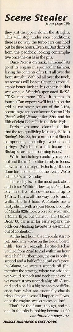 1995 Ford Mustang - This article details a racing event, discussing various cars and their performance on the track.