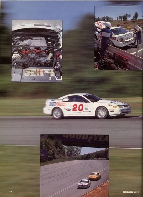 1995 Ford Mustang - A white race car with the number 20 and "Duragloss" livery speeds around a track, with smaller inset images showing its engine and a pit st…
