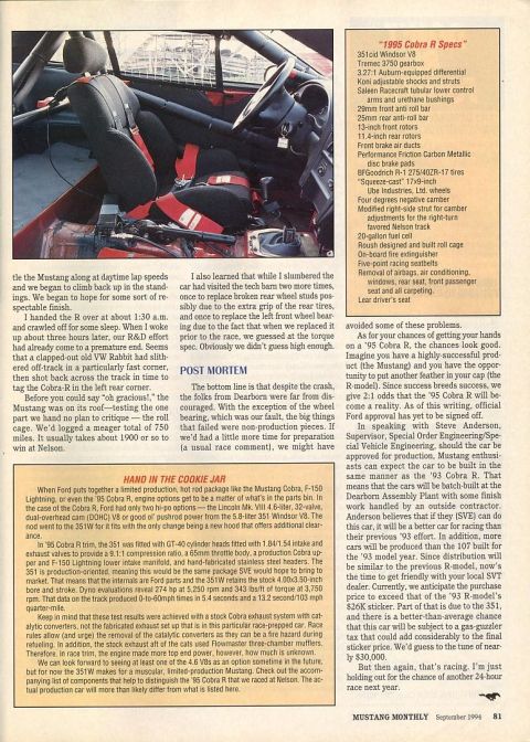 1995 Ford Mustang - Interior view of a race car, showing custom seating and safety equipment.