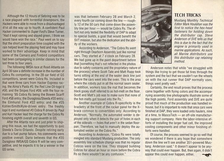 Magazine page on 1995 Cobra R racing and Dearborn Assembly build, with Tech Tricks engine bay sidebar