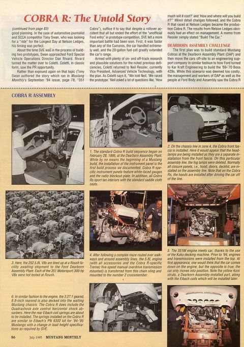 1995 Ford Mustang - Workers assemble Ford Mustang Cobra R vehicles on the Dearborn Assembly Plant line.