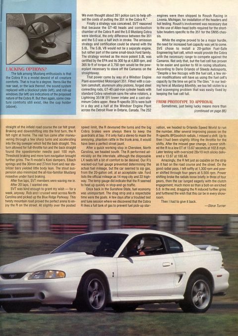 1995 Ford Mustang - This 1995 Ford Mustang Cobra R is shown on a race track, likely during a performance test.