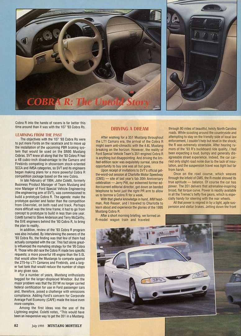 White 1995 Ford Mustang Cobra R on a racetrack, front view, hood scoop, racing tires