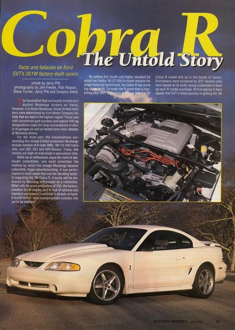 1995 Ford Mustang - Article detailing the 1995 Ford Mustang Cobra R, a 3q-front view of the white coupe and an engine bay shot.