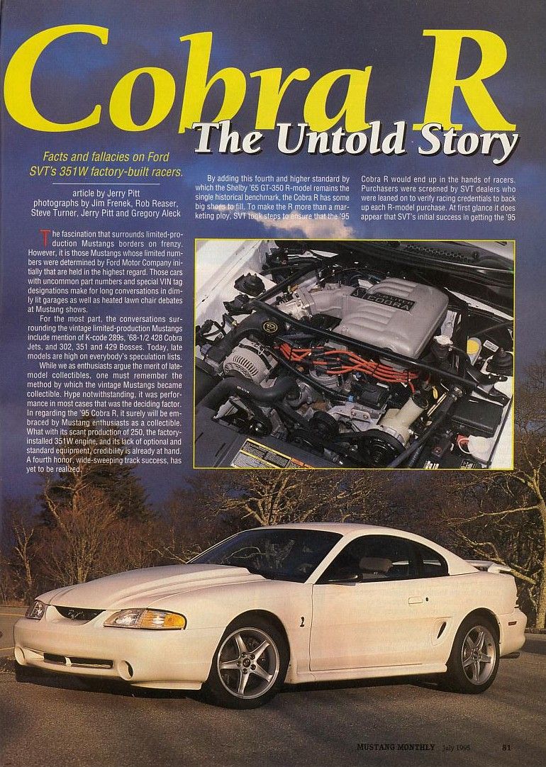 White 1995 Ford Mustang Cobra R 3q-front view, showing modified hood and racing wheels