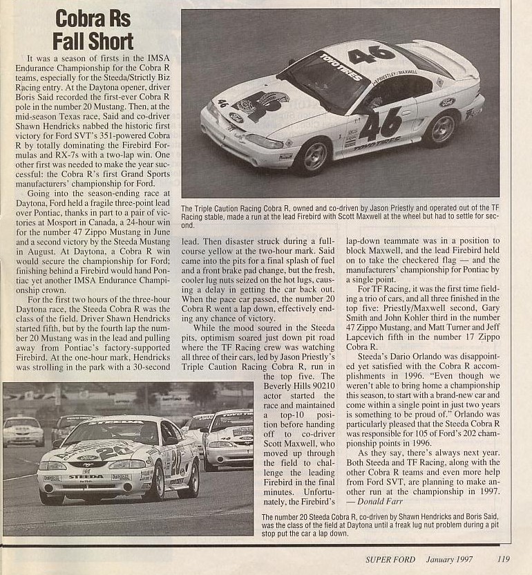 1995 Ford Mustang race car with number 46 on top, driving on track