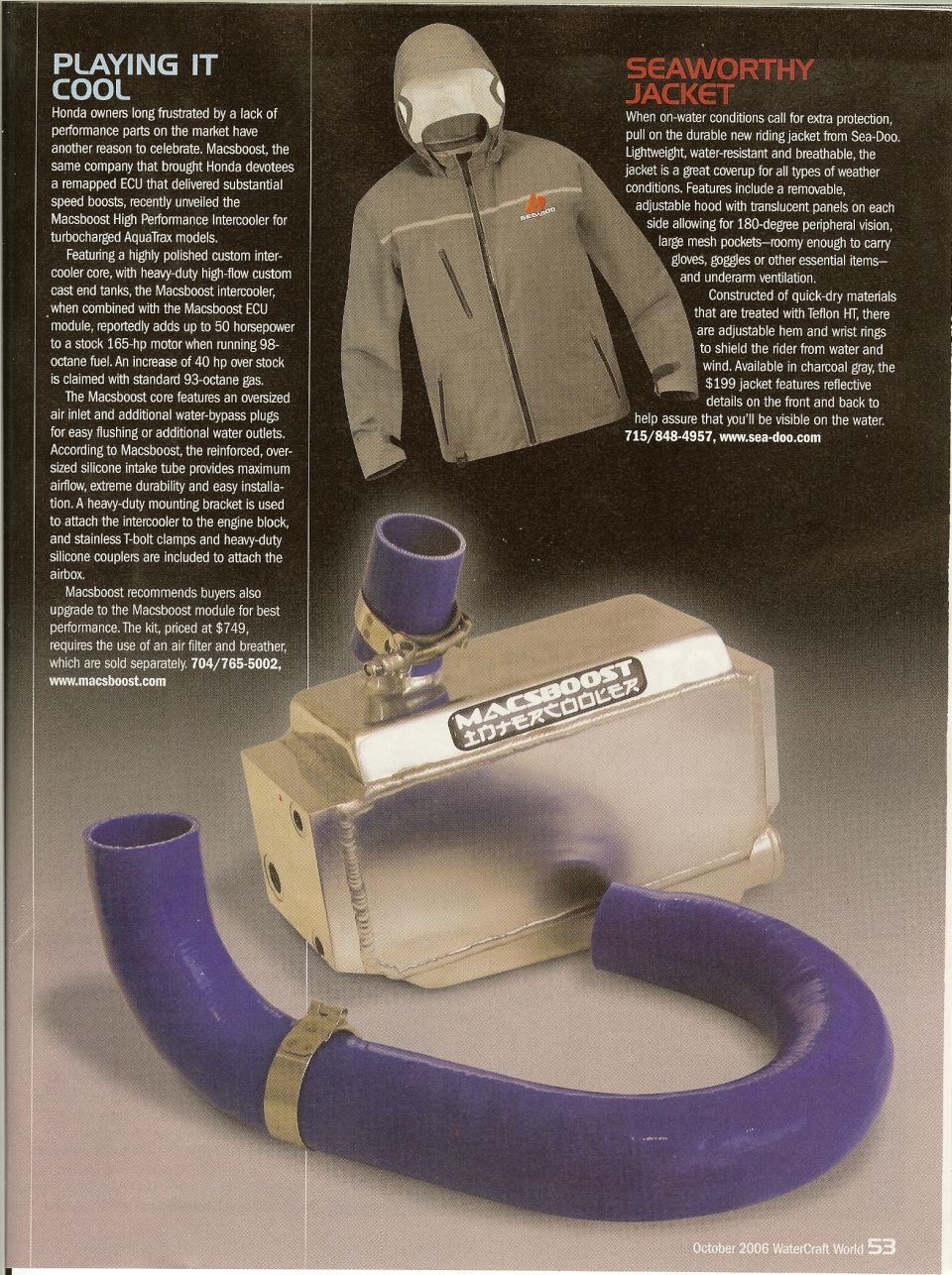Magazine page showing Macsboost intercooler with purple silicone hoses and a gray Sea-Doo jacket
