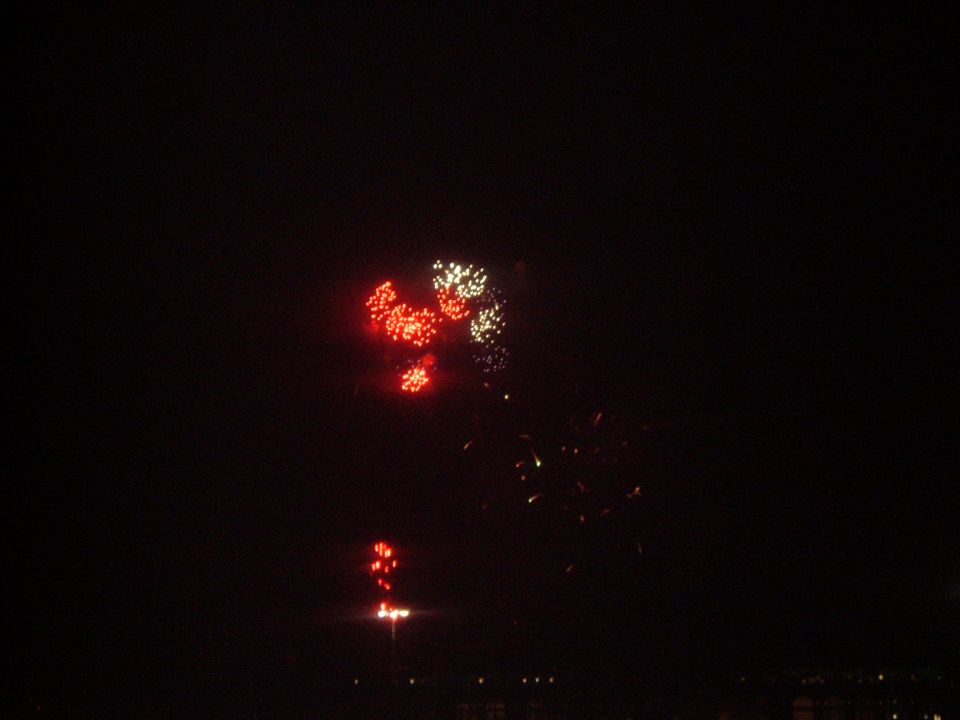 Fireworks bursting in red and white against a black night sky