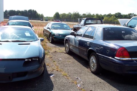 1991 Ford LTD Crown Victoria - Several vehicles are parked in an outdoor lot under a bright sky.
