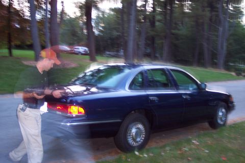 1991 Ford LTD Crown Victoria - A man stands beside a dark blue sedan, with trees and another vehicle in the background.