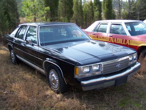 1991 Ford LTD Crown Victoria - Black boxy 1980s Ford Crown Victoria sedan in a grassy yard next to a red and white Unadilla fire-rescue car.
