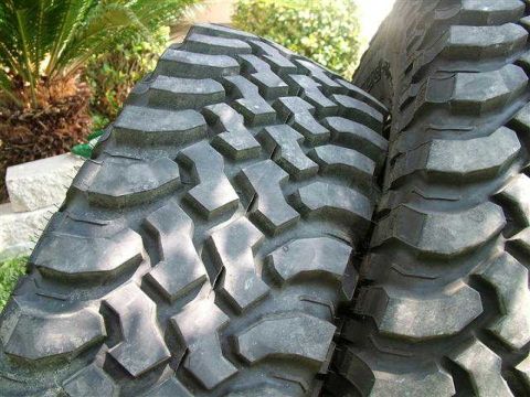 1979 Ford Bronco - Two large, aggressive off-road tires are shown up close, with lush green foliage in the background.