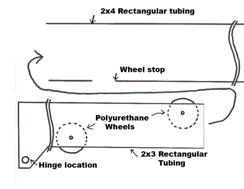 Hand-drawn diagram of a tire rack built from rectangular tubing with labels