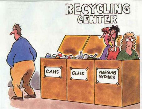 1989 Ford Bronco - Humorous cartoon depicting a recycling center with an unconventional bin for 'nagging bitches'.