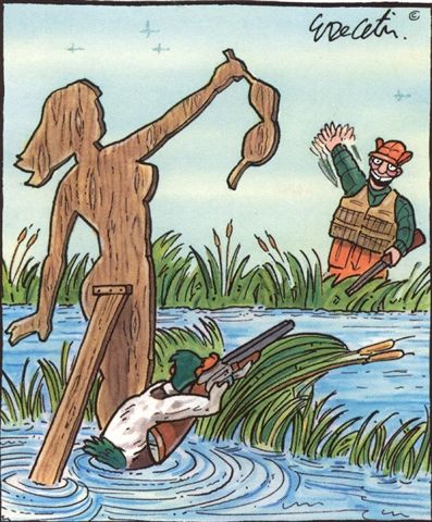 1989 Ford Bronco - Two hunters attempt to lure ducks with a risqué wooden decoy in a marshy wetland.