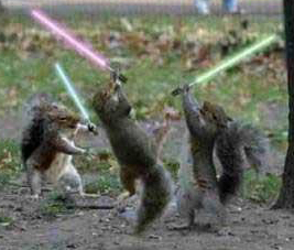 1989 Ford Bronco - A humorous scene depicts squirrels engaged in a lightsaber duel, with the SuperMotors logo in the foreground.