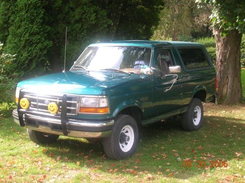 1996 Ford Bronco - Three-quarter front driver-side view of a teal-green Ford Bronco with hardtop parked on a leaf-strewn lawn beside a large tree. It has a bl…
