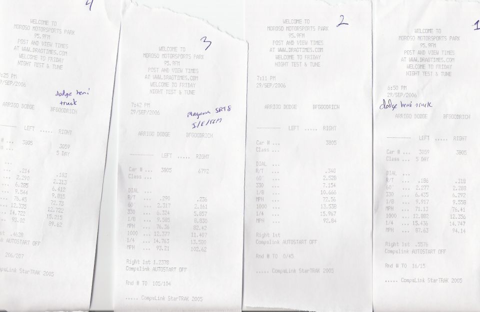Four Moroso Motorsports Park drag strip time slips from Sept 2006 with handwritten notes