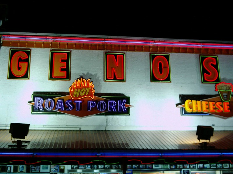 Geno's sign with neon 'Hot Roast Pork' and 'Cheese'