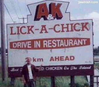 1988 Ford Bronco - Sign for Lick-A-Chick Drive In Restaurant, advertising "Best Fried Chicken On The Island" and distance ahead distance ahead distance ahead…