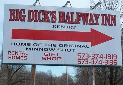 1988 Ford Bronco - Billboard advertises Big Dick's Halfway Inn Resort, home of the Original Minnow Shot, with phone numbers and services.