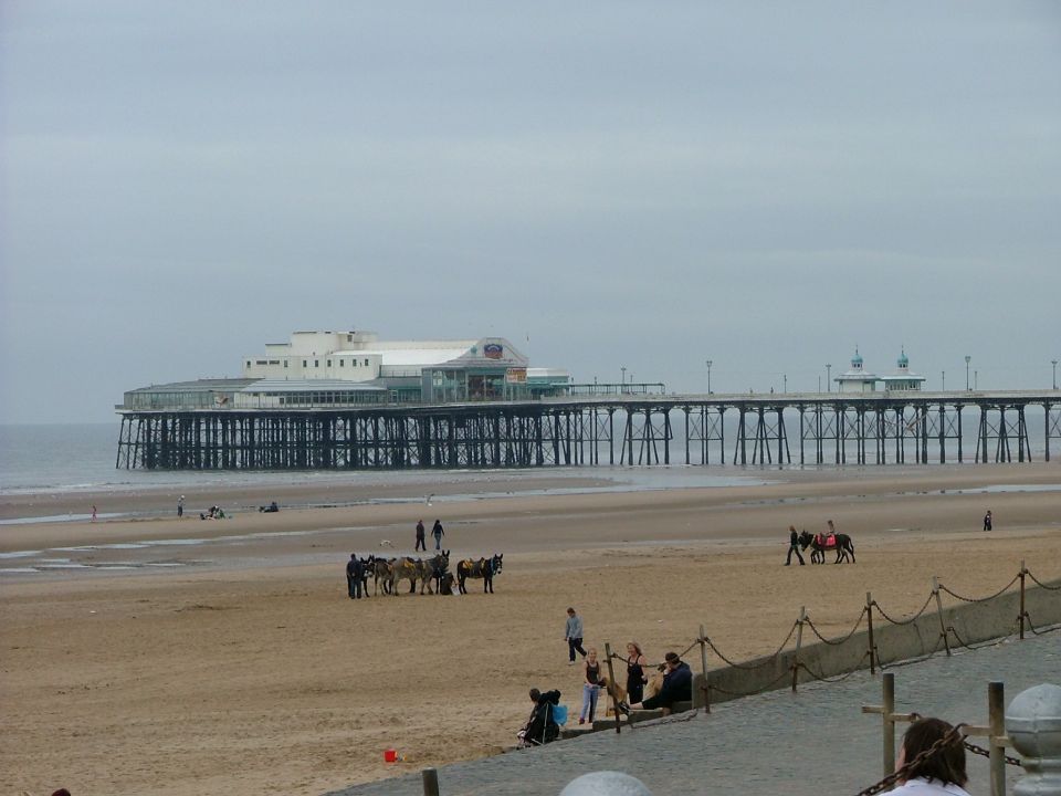Beach with a pier, people, and horses on the sand under a cloudy sky