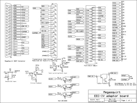 1991 Ford Bronco - This diagram details the pinouts and circuitry for the Megasquirt EEC-IV adaptor board, including component specifications.
