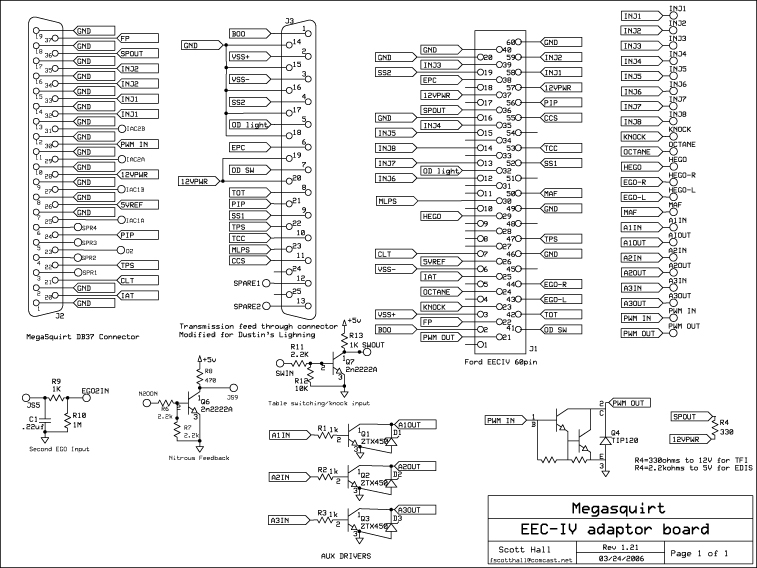 MegaSquirt EEC-IV adapter board circuit schematic with connector pinouts and components