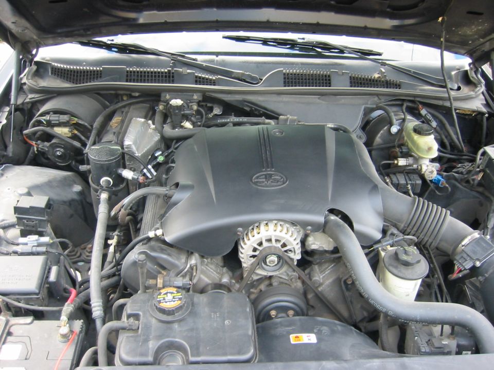 Engine bay of a 1999 Ford Crown Victoria, showing the V8 engine, alternator, and various hoses and fluid reservoirs