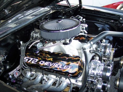 1972 Ford Ranchero - Close-up of a modified Chevrolet engine with custom valve covers.