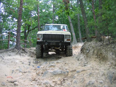 1992 Ford Mustang - A tan 1979 Ford F-Series pickup truck navigates a challenging, rocky off-road trail.